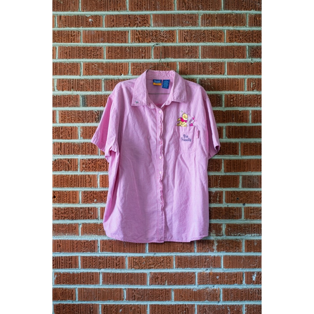 Vtg Pooh Disney Woman Pink Gingham Bee Friendly Embroidered Shirt 22W/24W